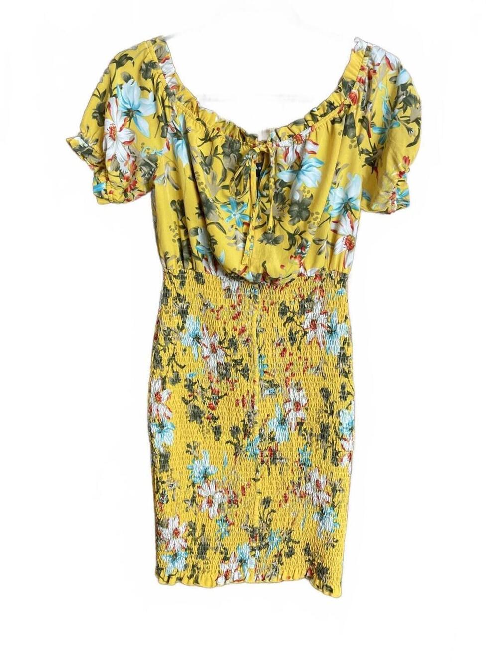 Rebdolls mustard yellow floral peasant smocked bodycon mini dress large